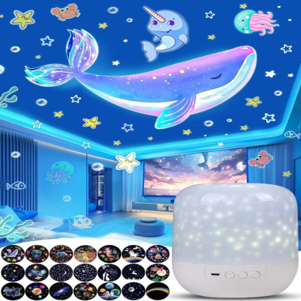Kids Night Light Projector – 21 Film Sets, 360° Rotating Star & Galaxy Ceiling Projector for Bedroom