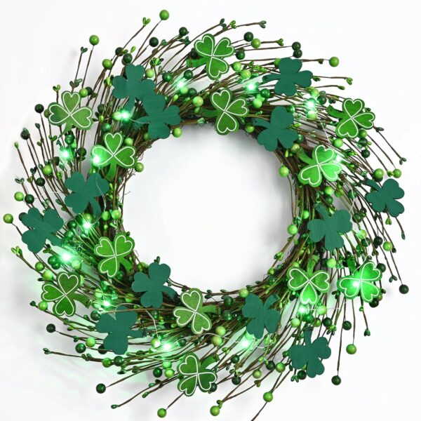 Lighted Shamrock St Patricks Day Front Door Wooden Clover Wreath