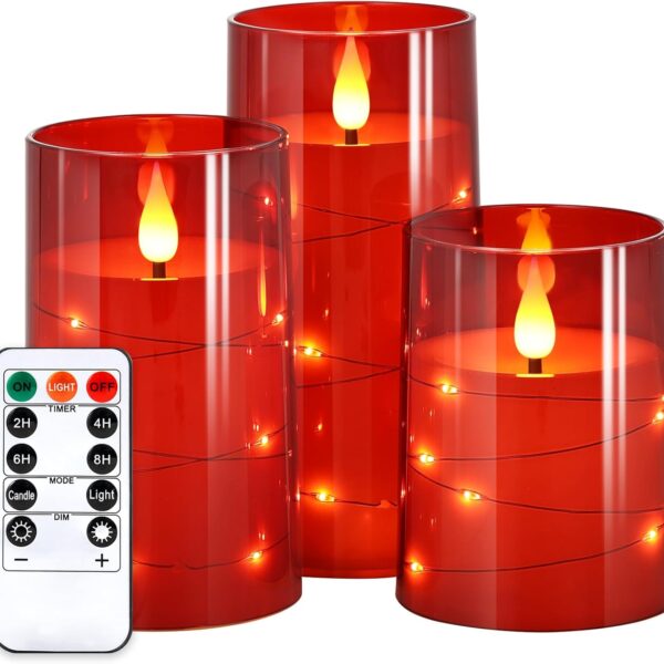 Flickering LED Pillar Candles with Star Lights Remote Timer 3-Pack