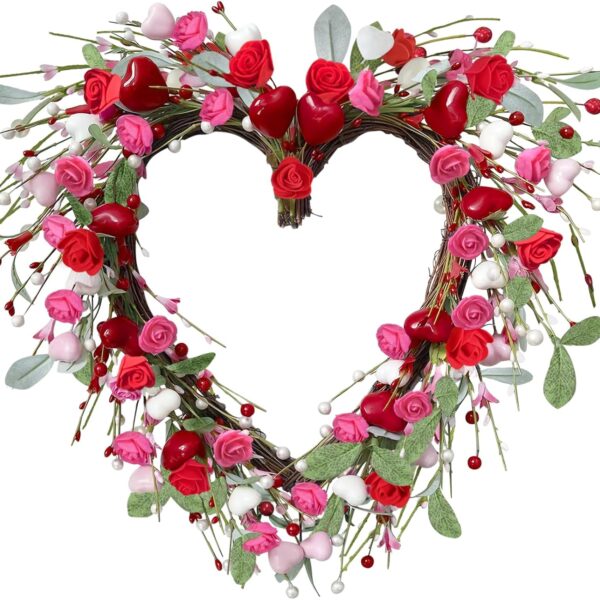 Valentines Day Heart Wreath 17.7 Inch Pink Roses Berries Handmade
