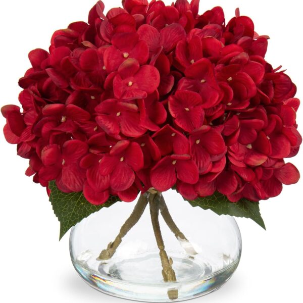 Red Hydrangea Artificial Flowers in Glass Vase Home Table Decor