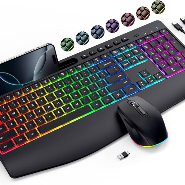Wireless RGB Keyboard and Mouse with Ergonomic Wrist Rest