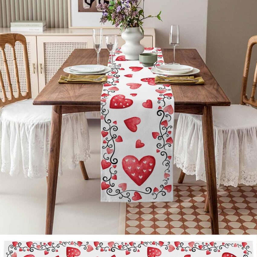 Valentines Day Red Heart Cotton Linen Table Runner 13x72 Inches