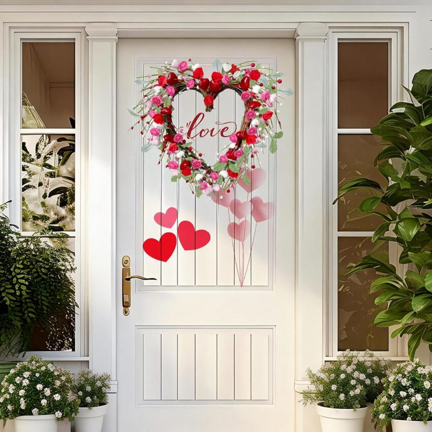 Valentines Day Heart Wreath 17.7 Inch Pink Roses Berries Handmade