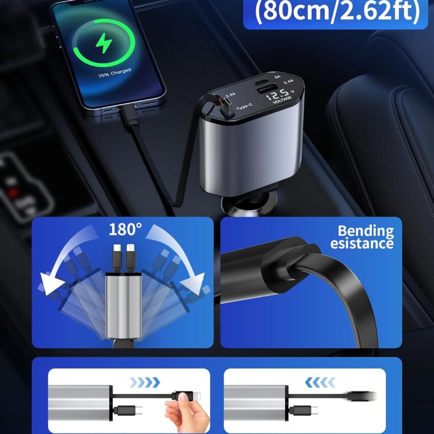 Retractable 4-in-1 Fast Charging Car USB Charger