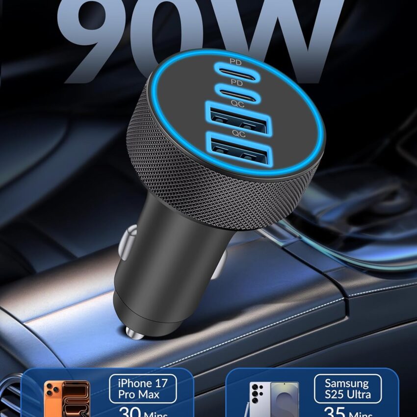 4-Port 90W Fast USB-C Multi Device Car Charger