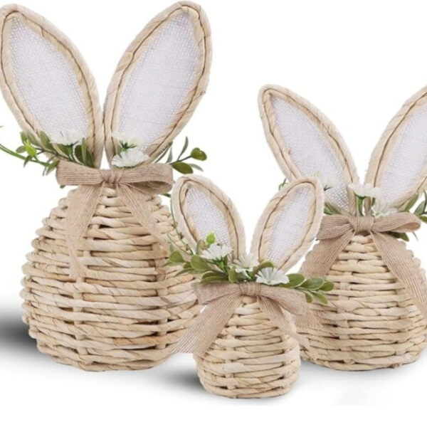 Set of 3 Woven Rattan Easter Bunnies with Flowers for Table Centerpieces
