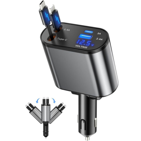 Retractable 4-in-1 Fast Charging Car USB Charger