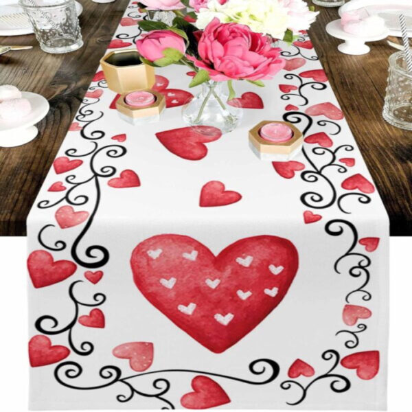 Valentines Day Red Heart Cotton Linen Table Runner 13x72 Inches