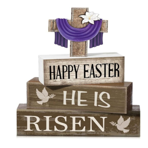 4-Piece Religious Easter Wooden Cross Sign and Tiered Tray Table Centerpiece