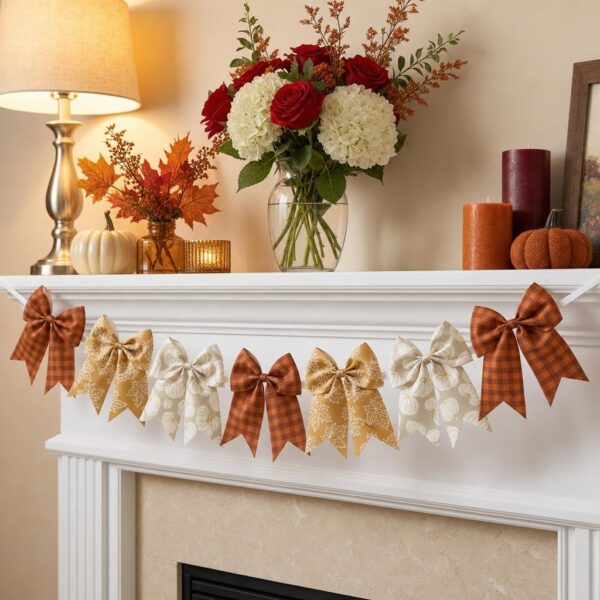 Fall Bow Garland Gingham Autumn Mantle Fireplace Banner Decor