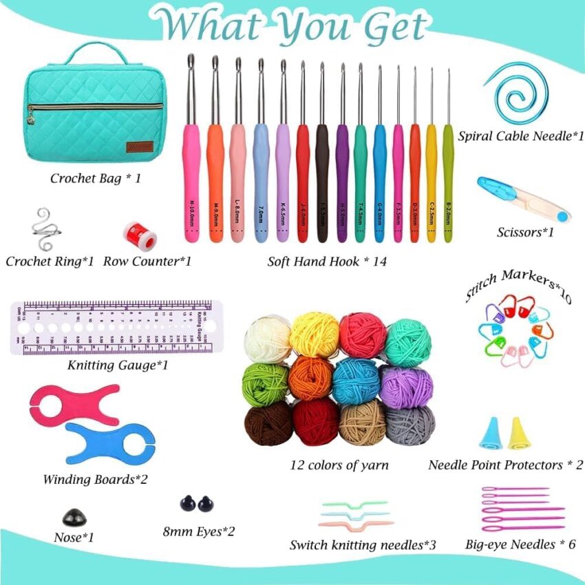 Beginner Crochet Kit with Hooks Yarn and Bag