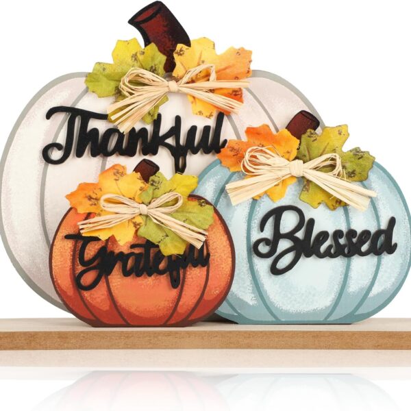 Fall Pumpkin Wooden Thankful Blessed Grateful Autumn Table Decor