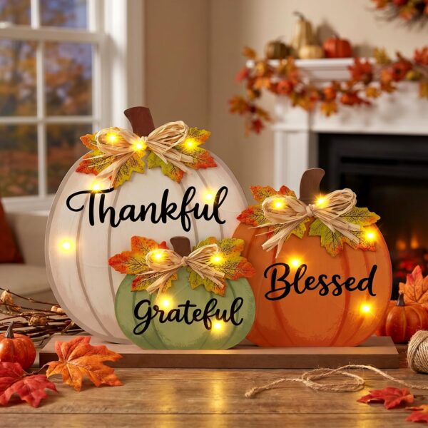 Fall Pumpkin LED Wooden Thankful Blessed Grateful Table Decor