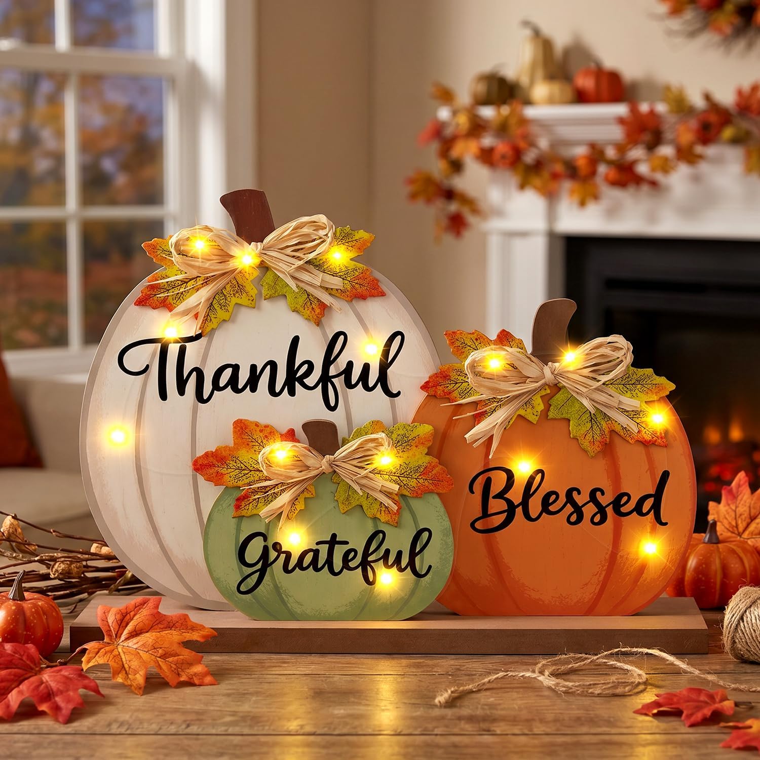 Fall Pumpkin LED Wooden Thankful Blessed Grateful Table Decor