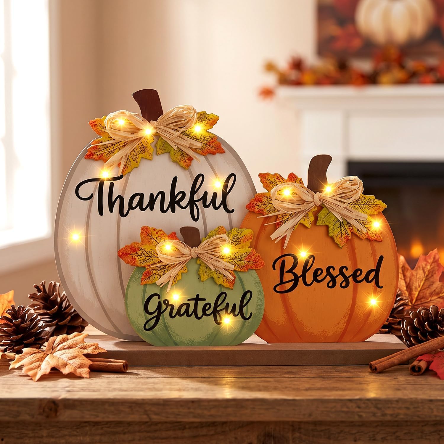 Fall Pumpkin LED Wooden Thankful Blessed Grateful Table Decor - Image 5