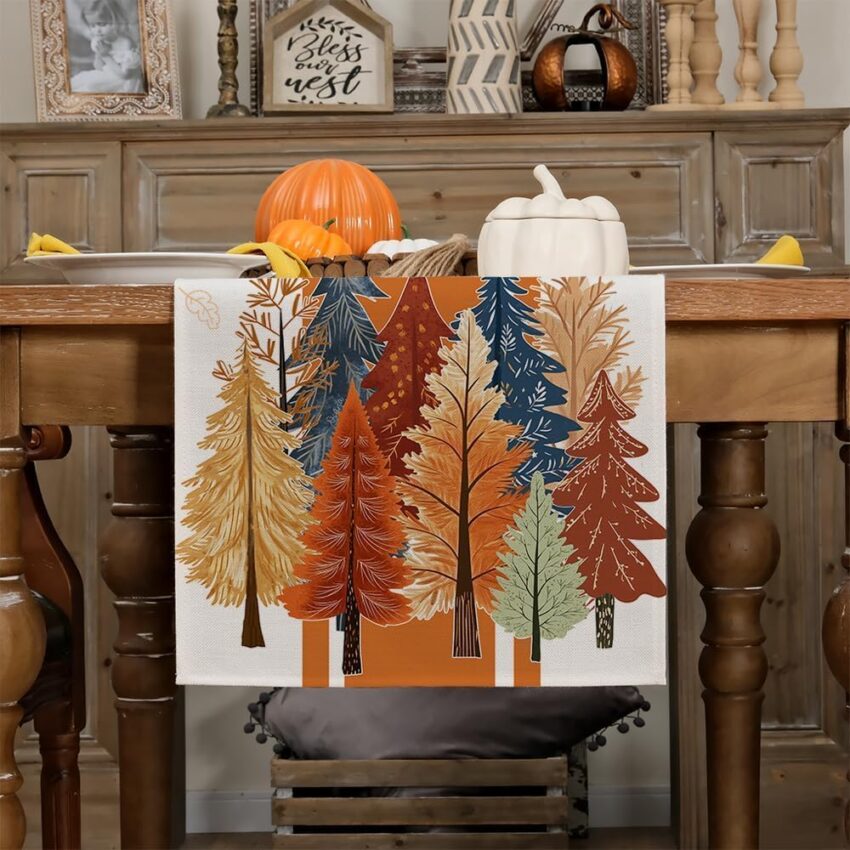 Fall Watercolor Maple Leaf Rustic Farmhouse Table Runner Decor