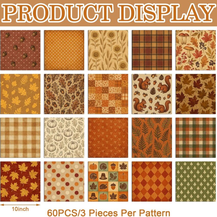 Autumn Cotton Quilting Fabric Squares 60 Pack