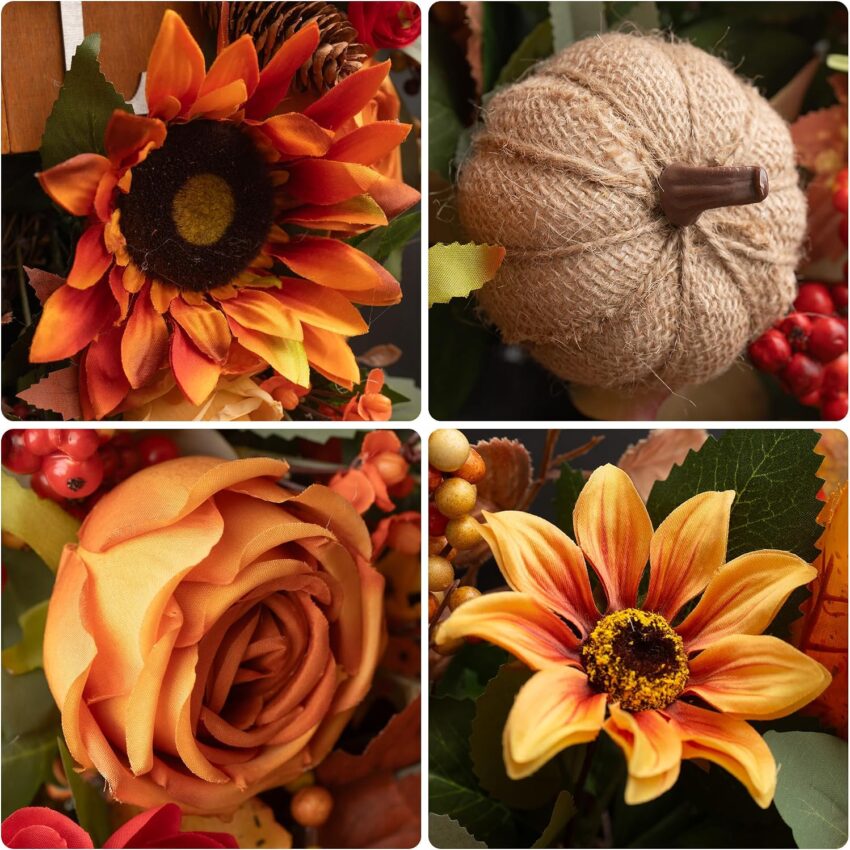 Fall Sunflower Pumpkin Burlap Autumn Front Door Wreath Decor
