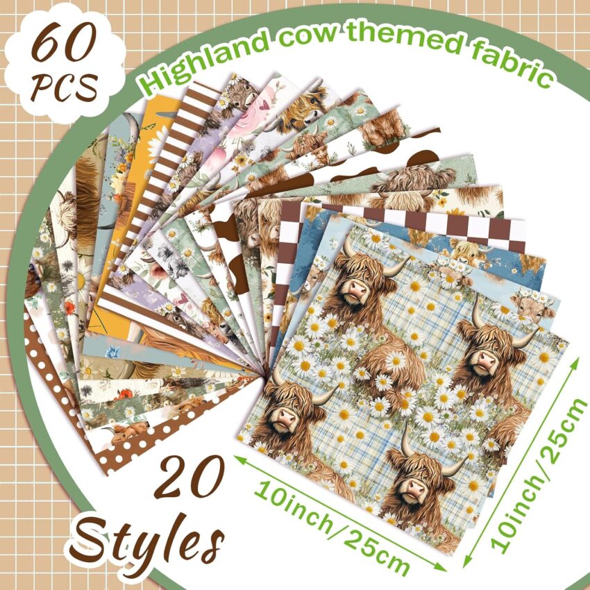 Christmas Cow Quilting Fabric Squares 60 Pack