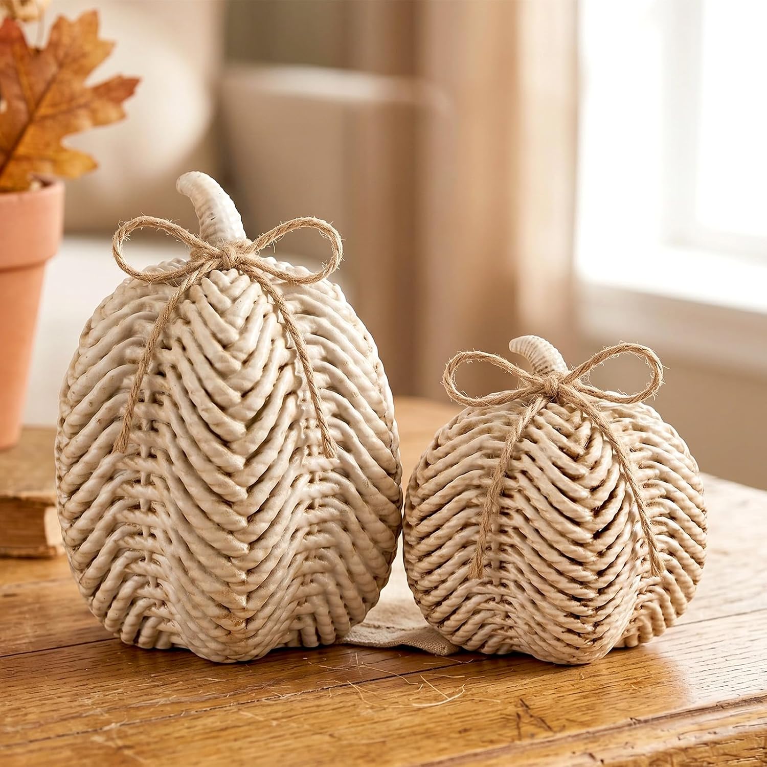 Fall Pumpkin Resin White Rattan Autumn Harvest Decor Set