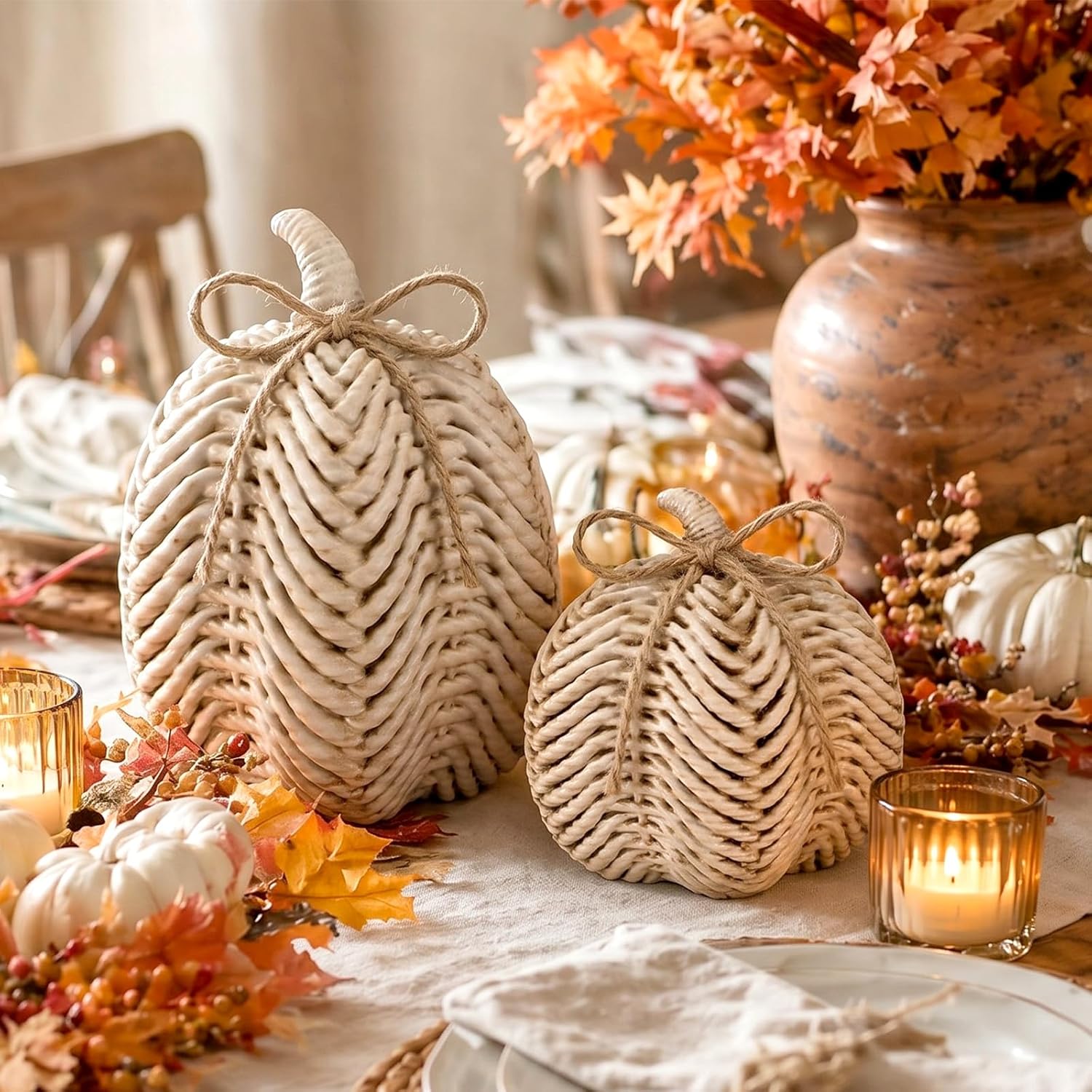 Fall Pumpkin Resin White Rattan Autumn Harvest Decor Set - Image 4