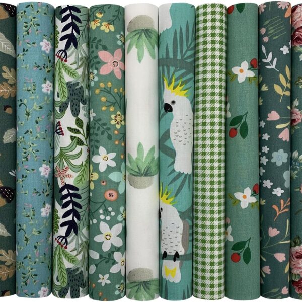 Green Floral Cotton Quilting Fabric Squares 10 Pack