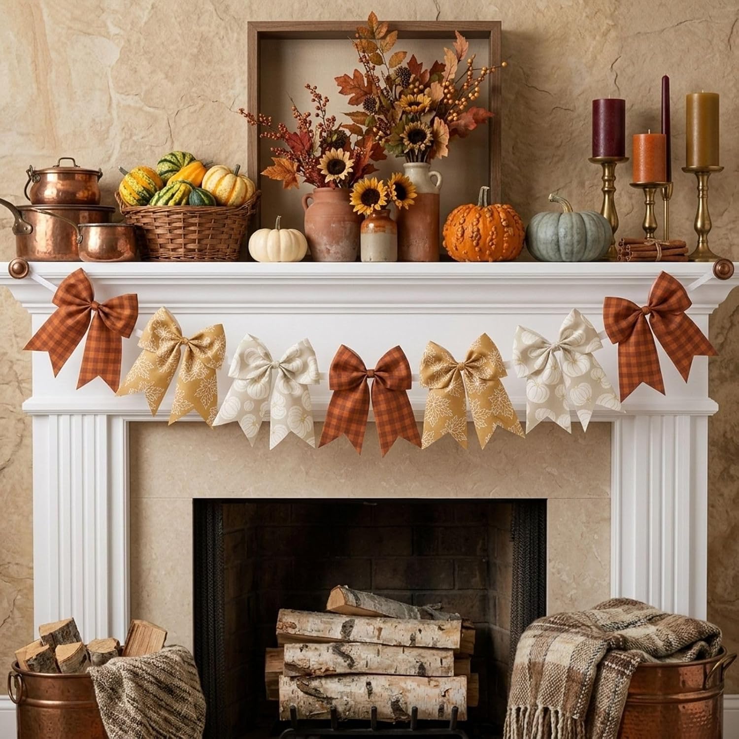 Fall Bow Garland Gingham Autumn Mantle Fireplace Banner Decor - Image 4