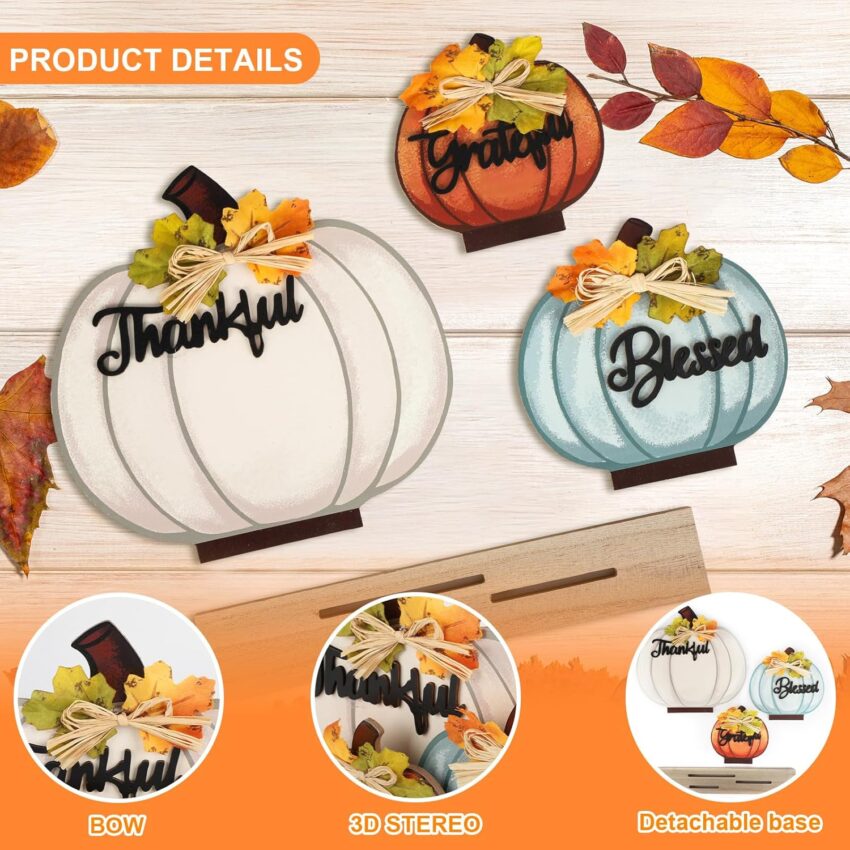 Fall Pumpkin Wooden Thankful Blessed Grateful Autumn Table Decor