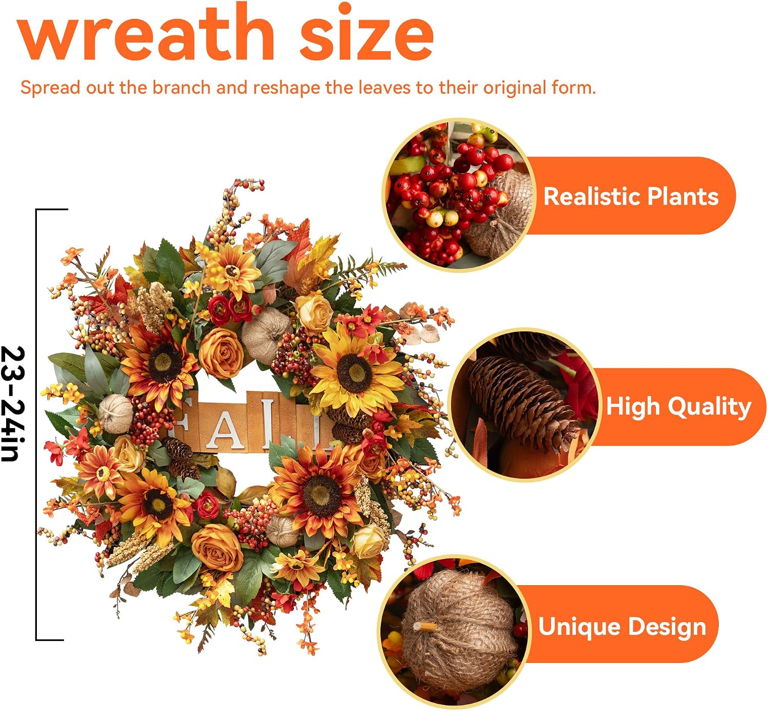 Fall Sunflower Pumpkin Burlap Autumn Front Door Wreath Decor - Image 3