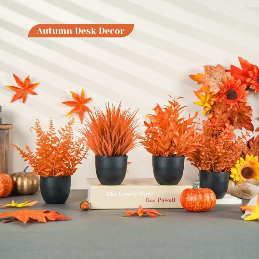 Fall Artificial Mums Black Pot Gothic Autumn Seasonal Decor Set