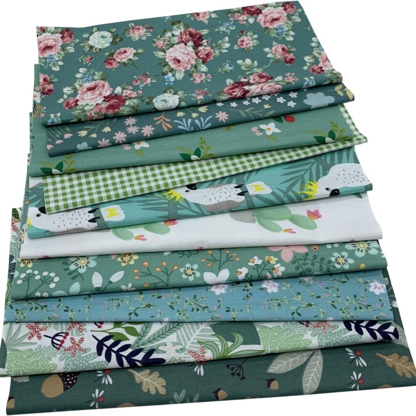 Green Floral Cotton Quilting Fabric Squares 10 Pack