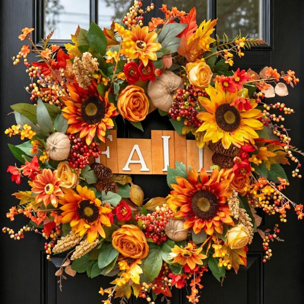 Fall Sunflower Pumpkin Burlap Autumn Front Door Wreath Decor