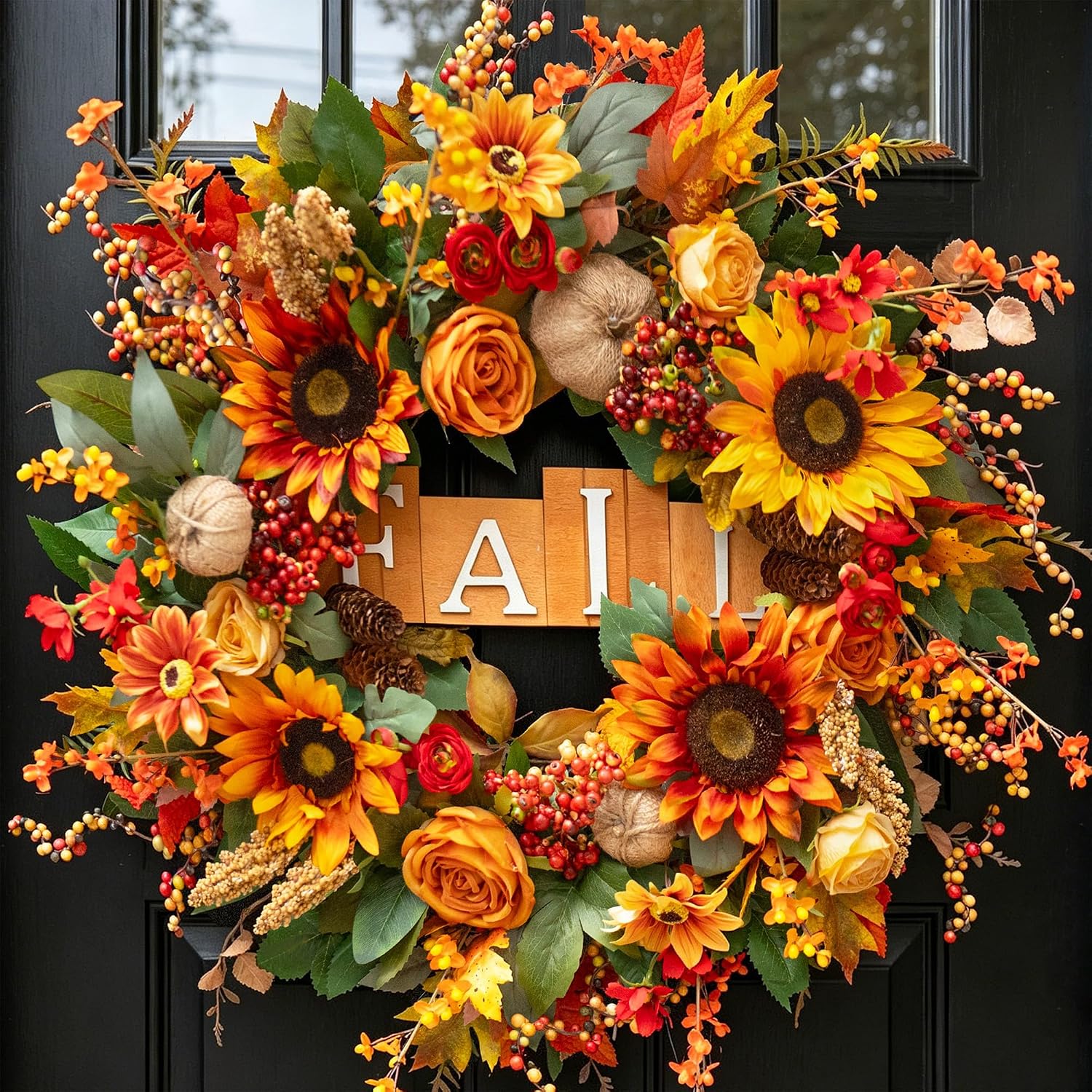 Fall Sunflower Pumpkin Burlap Autumn Front Door Wreath Decor