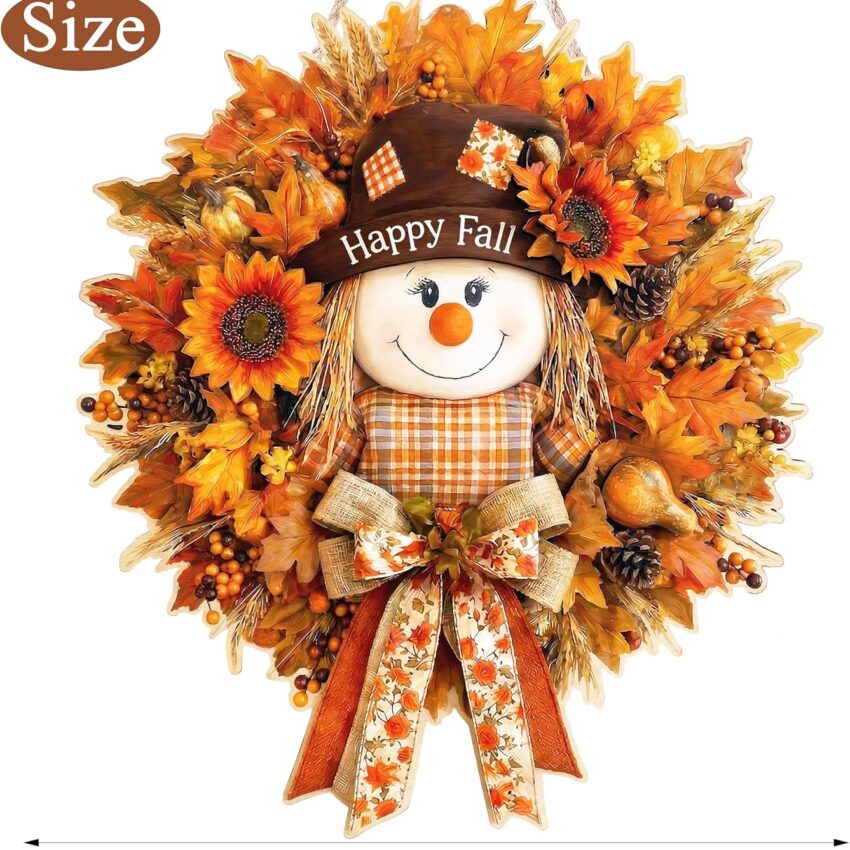 Fall Scarecrow Maple Leaf Wooden Autumn Harvest Door Wreath