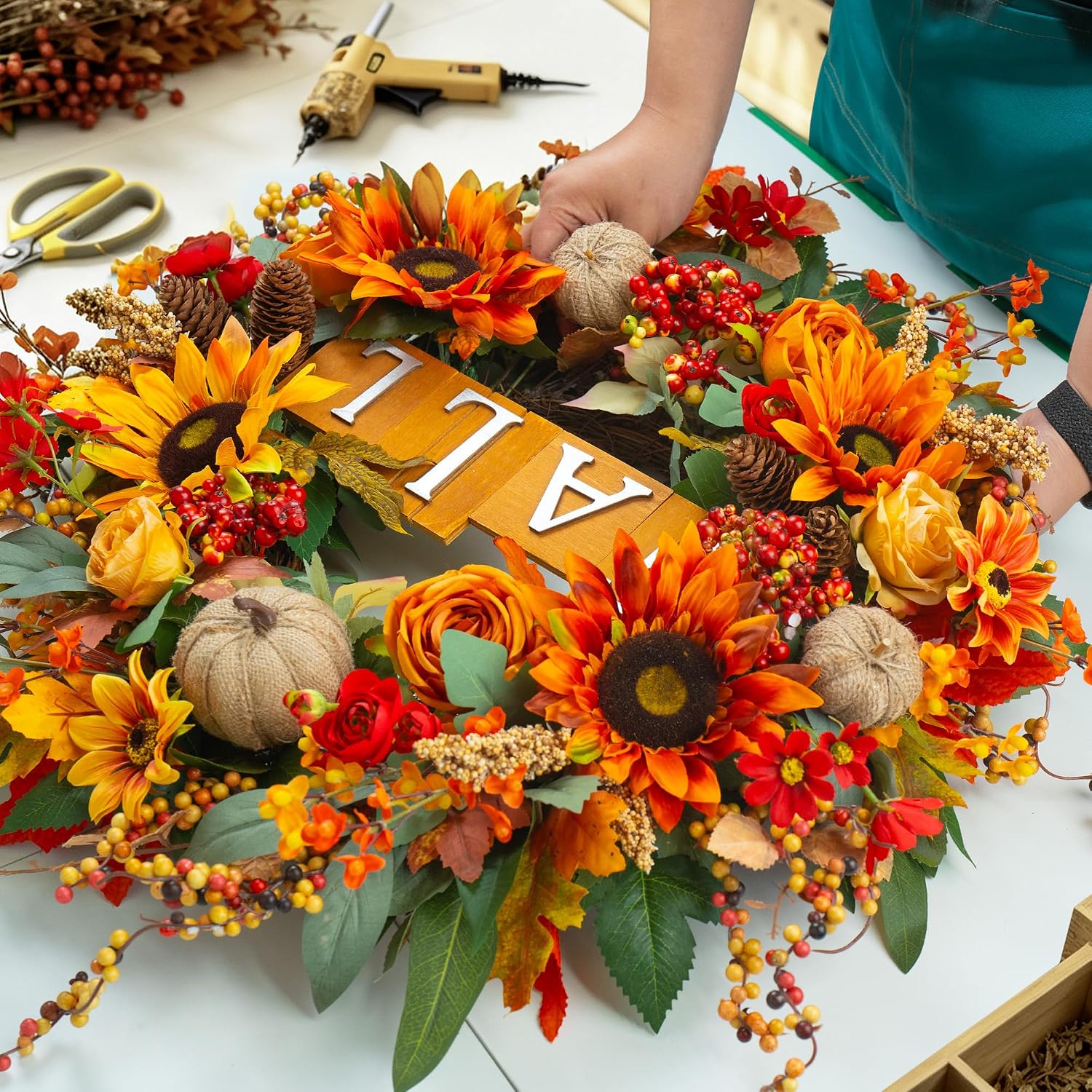 Fall Sunflower Pumpkin Burlap Autumn Front Door Wreath Decor - Image 4