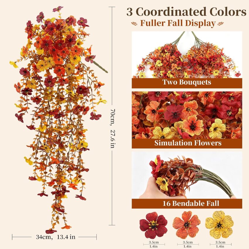 Fall Artificial Mums Hanging Flowers Outdoor Porch Seasonal Decor