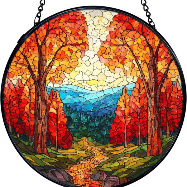 Fall Forest Stained Glass Rustic Autumn Window Hanging Decor
