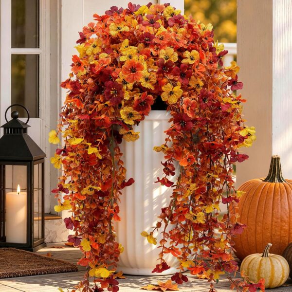 Fall Artificial Mums Hanging Flowers Outdoor Porch Seasonal Decor