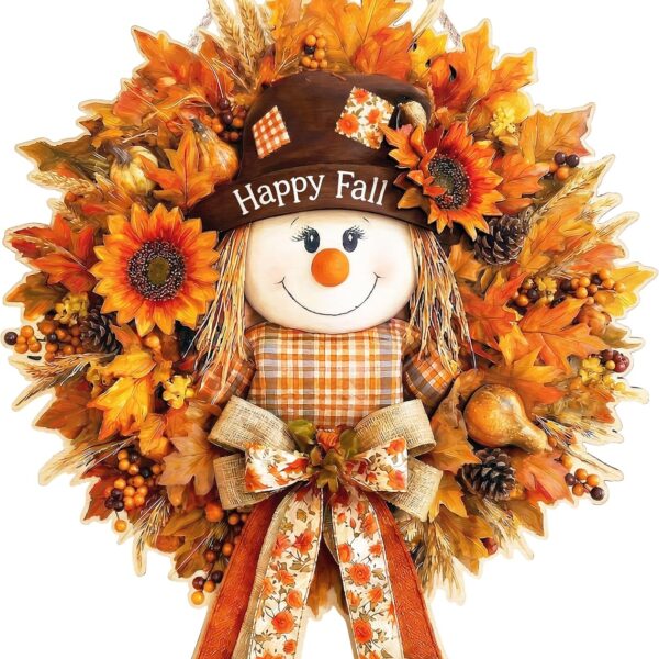 Fall Scarecrow Maple Leaf Wooden Autumn Harvest Door Wreath