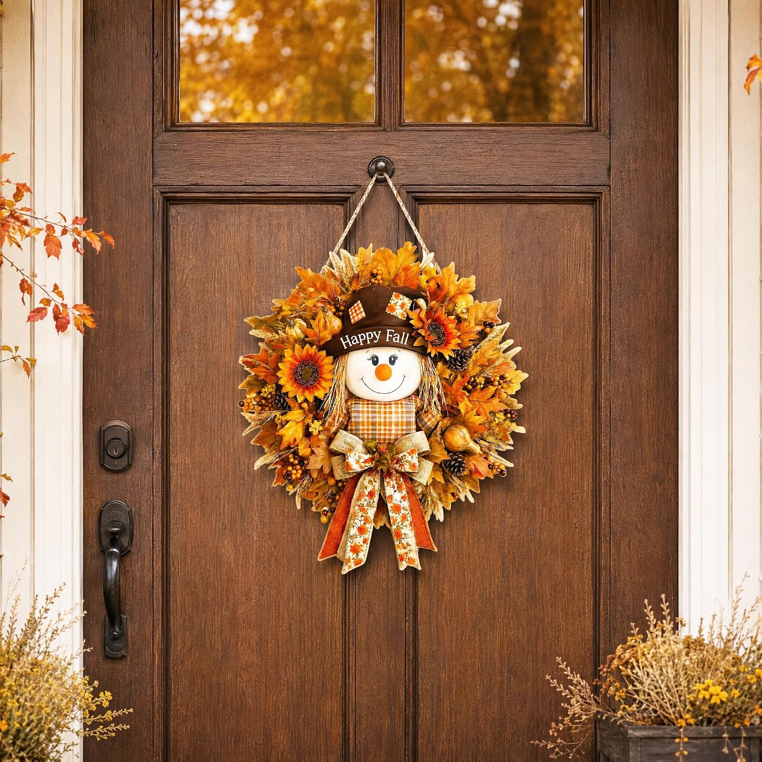 Fall Scarecrow Maple Leaf Wooden Autumn Harvest Door Wreath - Image 3