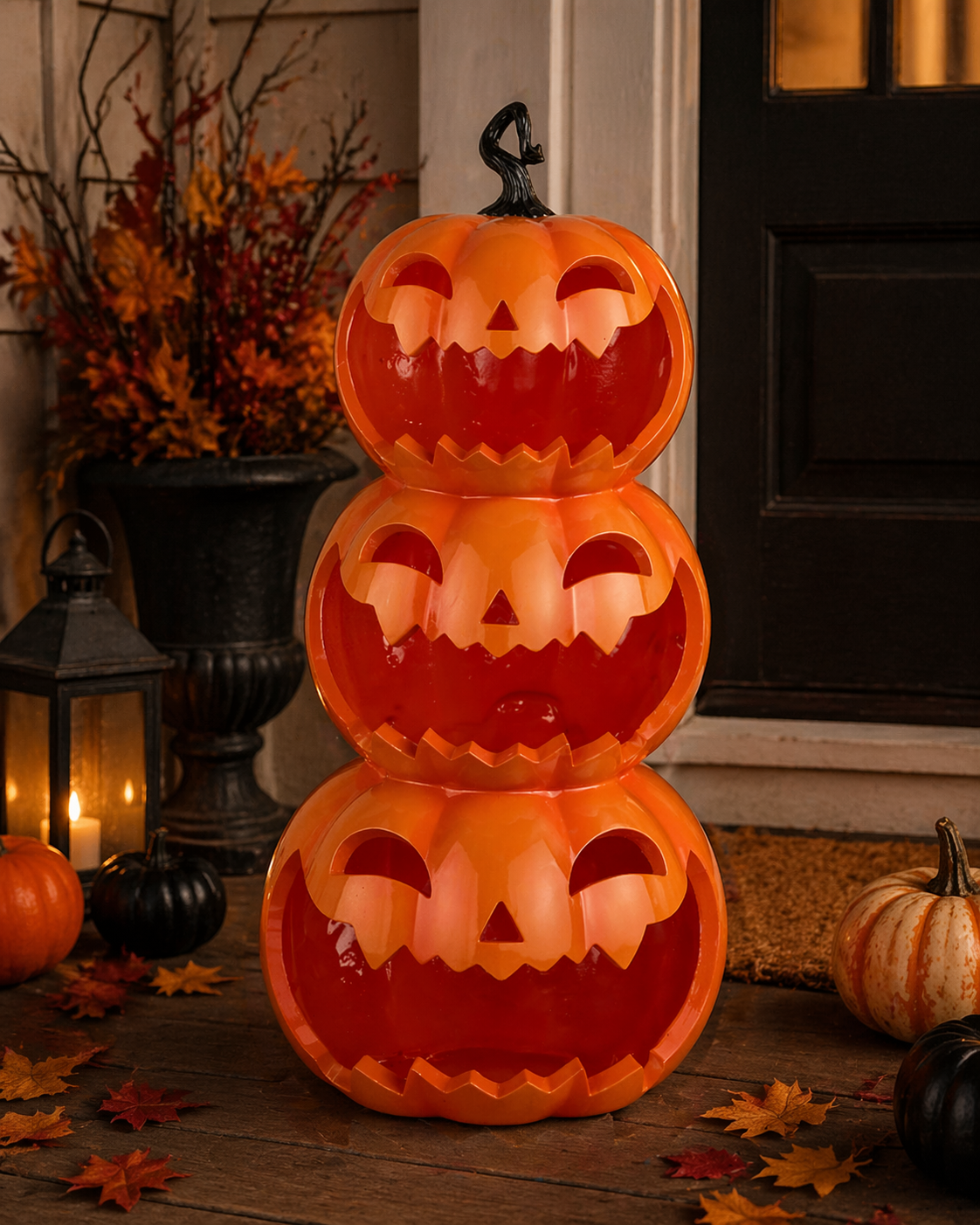 Large Stacked Jack O Lantern Halloween Decorative Pumpkin Display