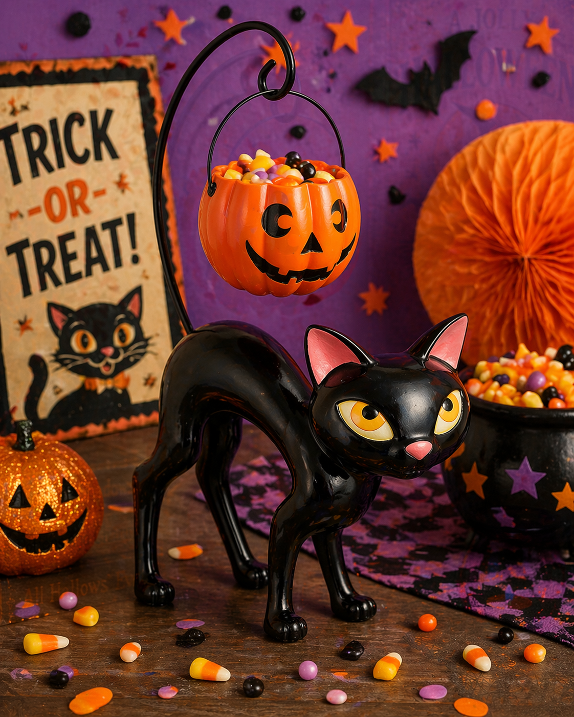 Black Cat Holding Pumpkin Candy Basket Halloween Decoration