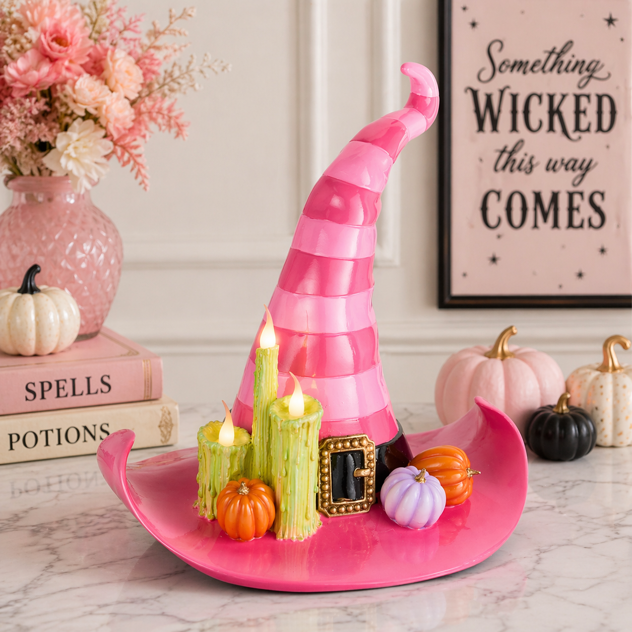 Lighted Pink Witch Hat Halloween Tabletop Candle Decoration