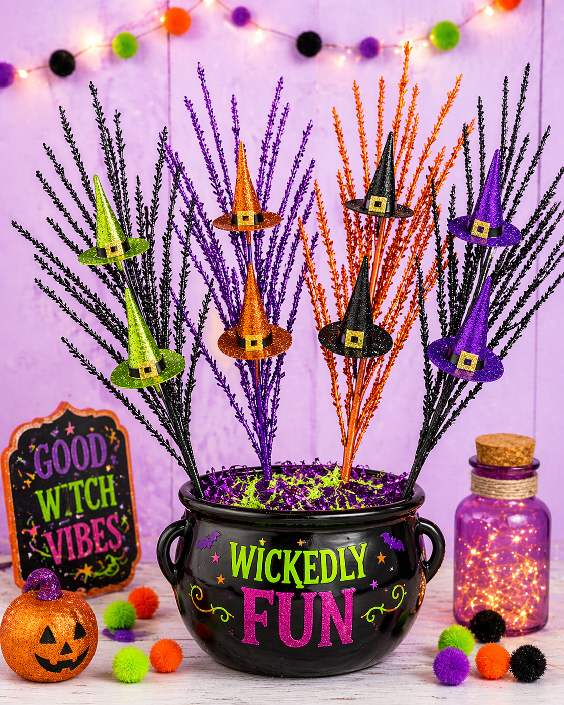 32-Inch Tinsel Witch Hat Halloween Spray Picks Set