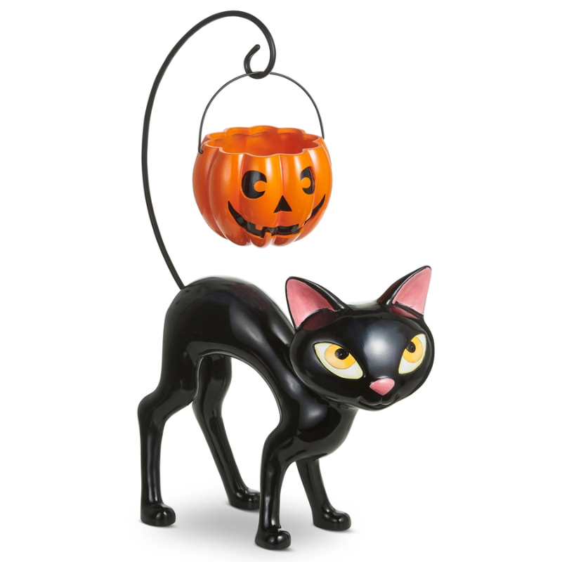 Black Cat Holding Pumpkin Candy Basket Halloween Decoration - Image 2