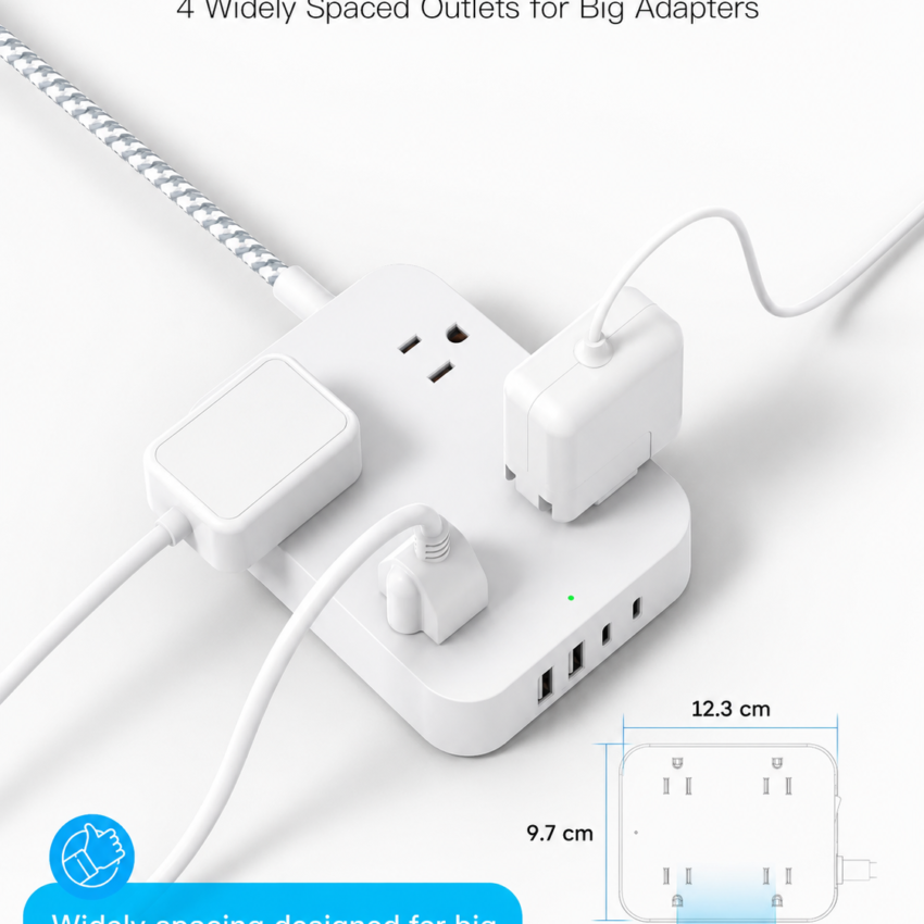 Flat Plug Extension Cord Power Strip with USB Ports