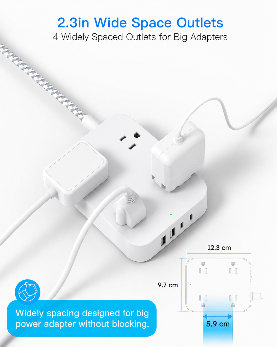 Flat Plug Extension Cord Power Strip with USB Ports - Image 2