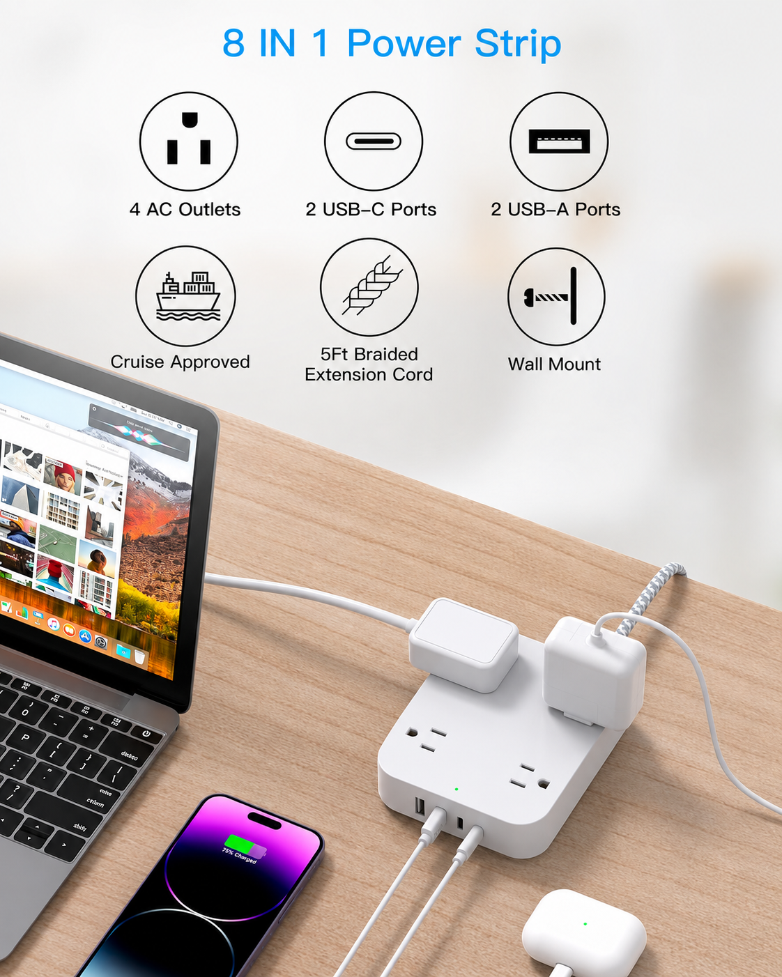 Flat Plug Extension Cord Power Strip with USB Ports - Image 4