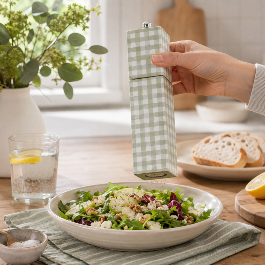 Sage Gingham Square Pillar Salt and Pepper Grinder